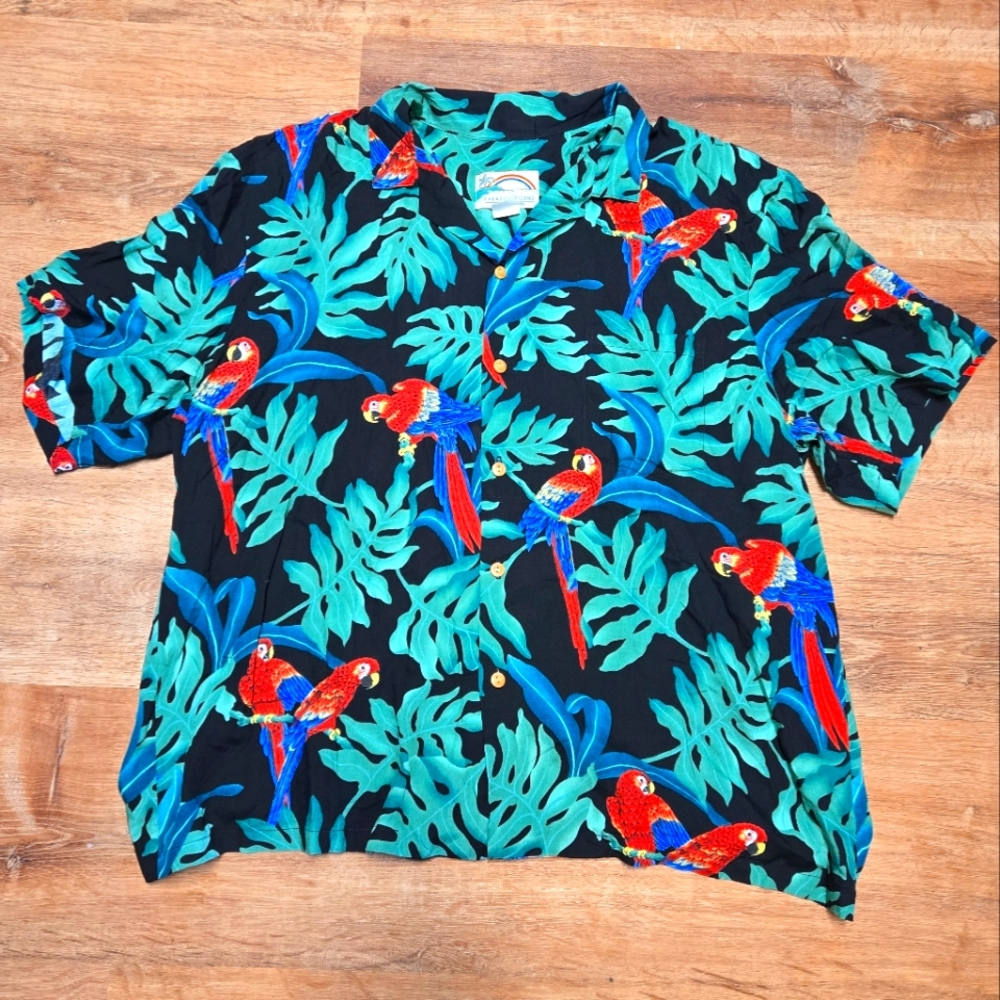 Vintage Paradise Found Tropical Parrot Print Men's Shirt Size XL Made In Hawaii